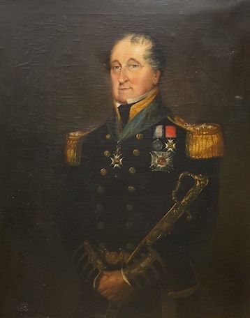 Mid 19th century, British School, oil on canvas, Portrait of Vice Admiral Sir William Augustus Montague (1785-1852), applied plaque to the frame with accompanying paperwork, 125 x 99cm. Condition - fair to good, craquelu